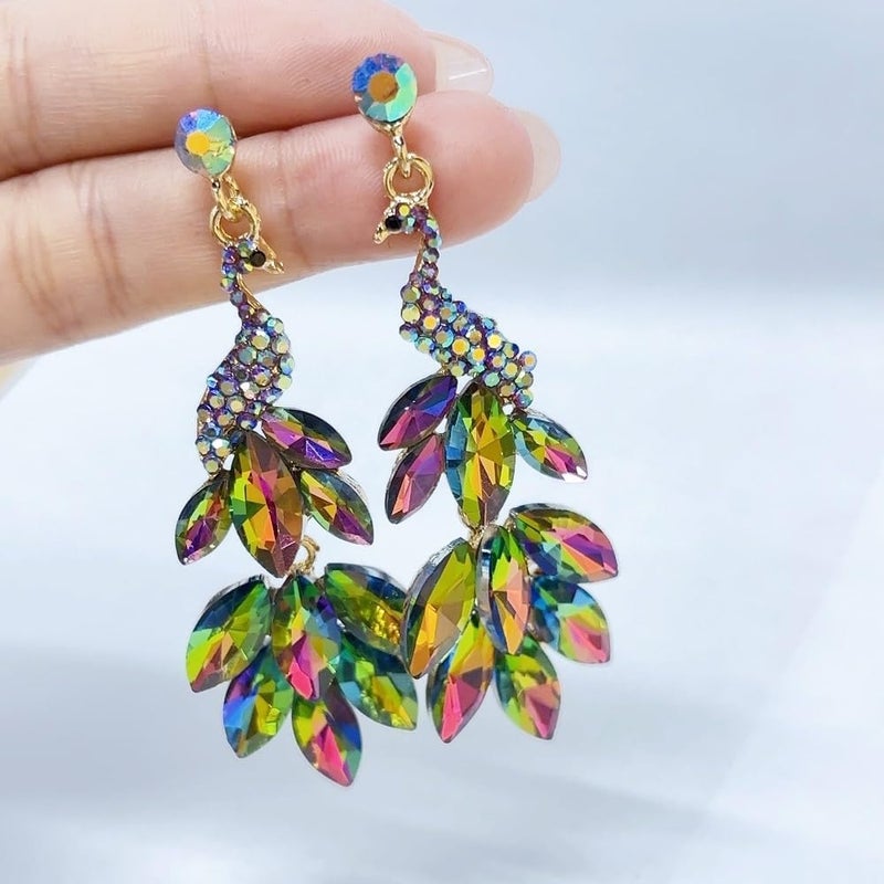 Dtja Vintage Peacock Dangle Earrings for Women 14K Gold Plated Green Crystal Feather Peafowl Statement Drop Dangling Stud Earring Boho Exaggerated Birthday Holiday Jewelry Gifts - Image 5